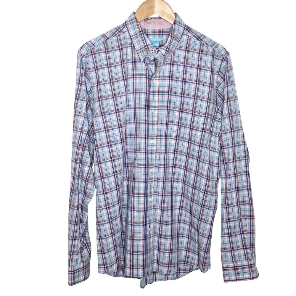 J McLaughlin Modern Fit Button Down Plaid Shirt Pink Blue Mens Size L Preppy
